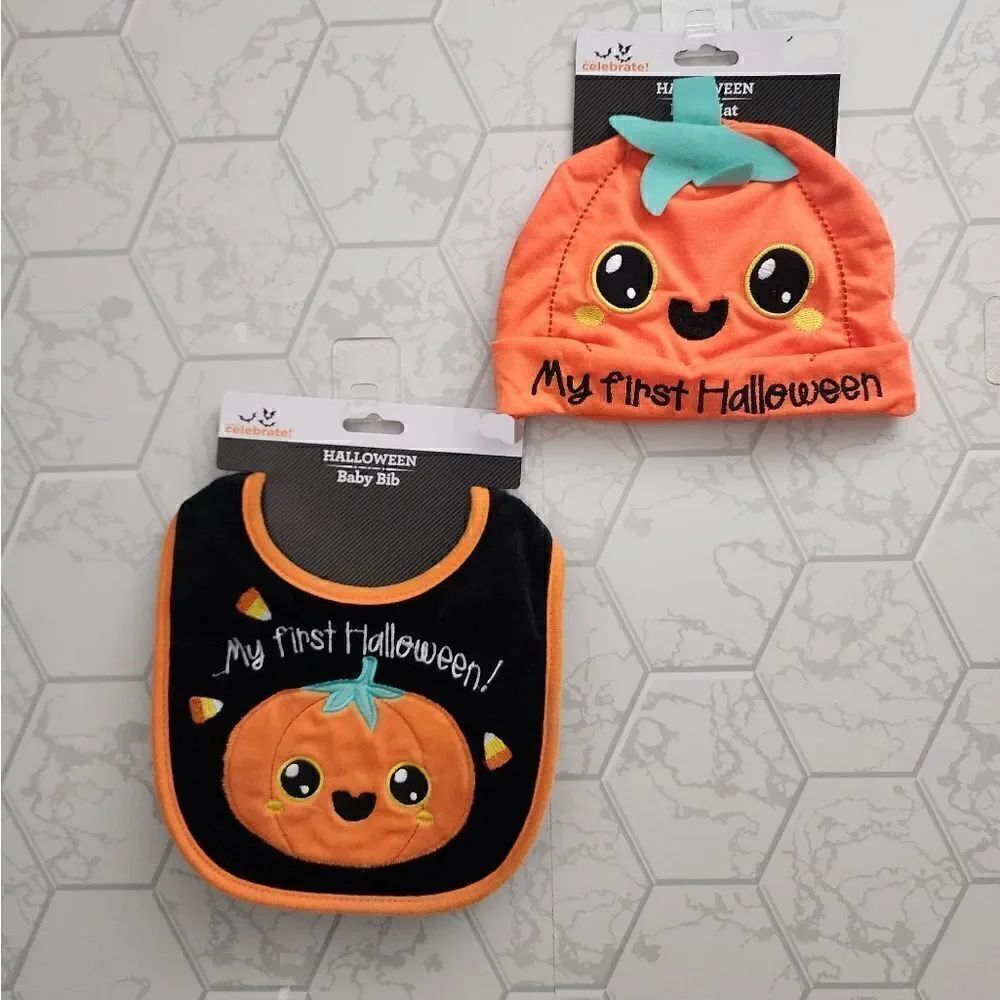 Nwt My First Halloween Pumpkin Infant Bundle Bib and Hat, 0-12m